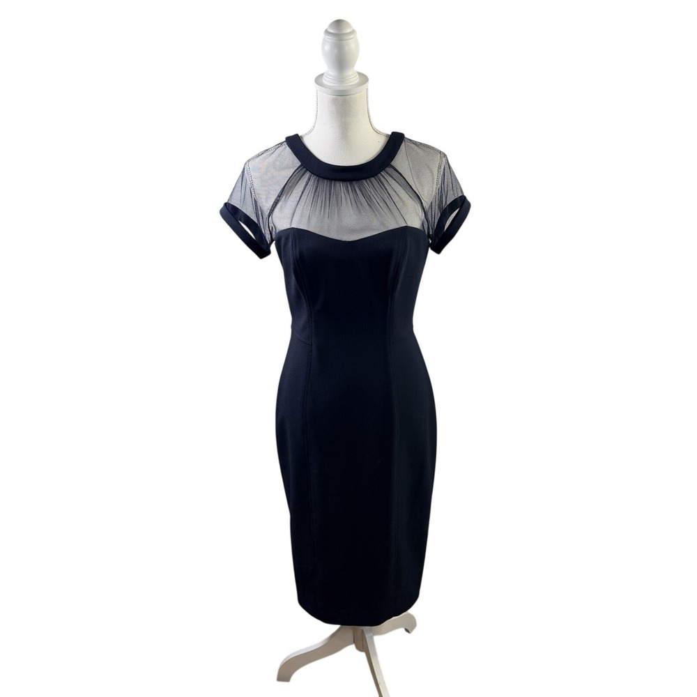 MAGGY LONDON Mesh Illusion Sheath Dress 6 Navy Classic Elegant Cocktail - Picture 3 of 9